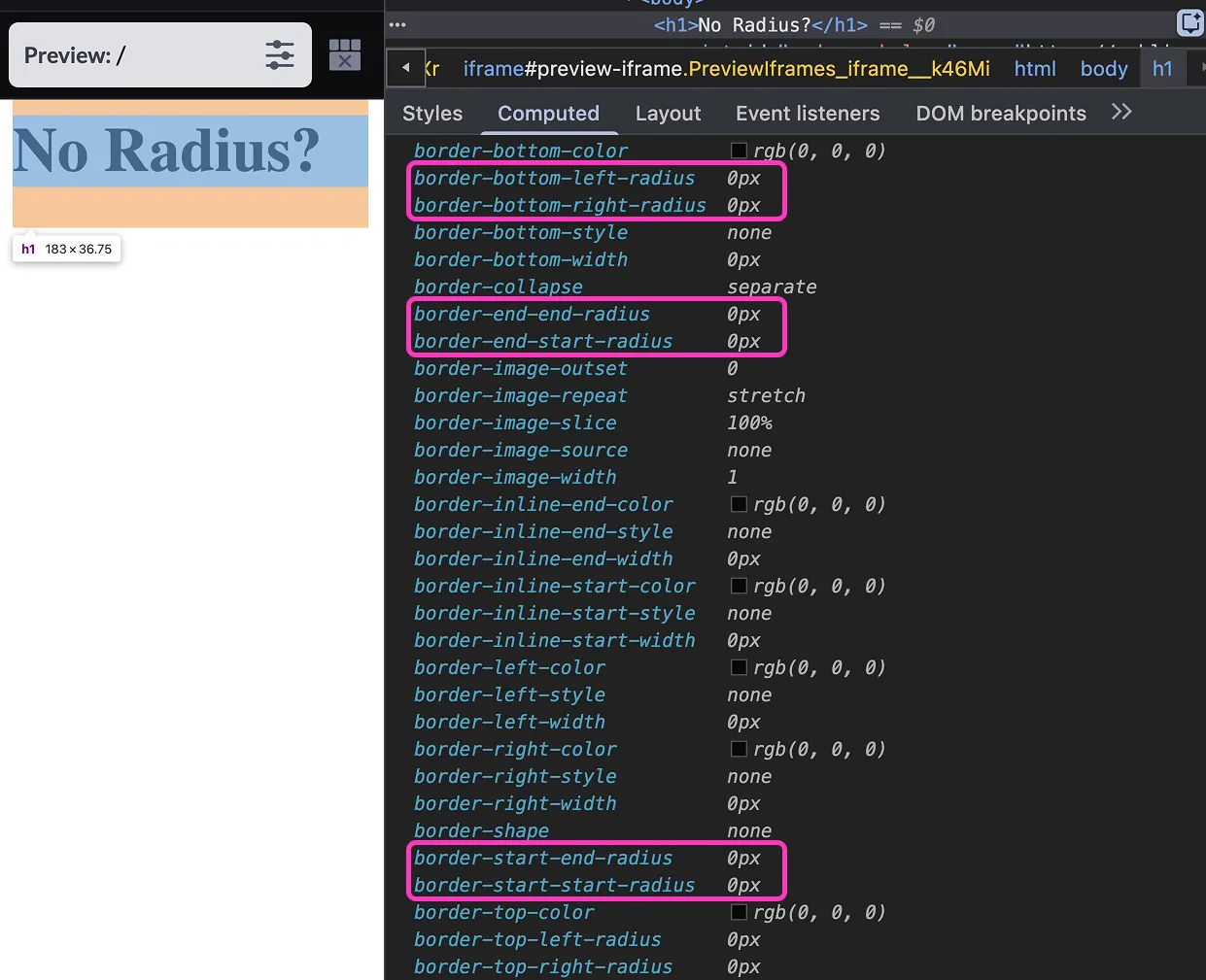 Heading に対して明示的に指定していない border-radius が UA によって指定されている